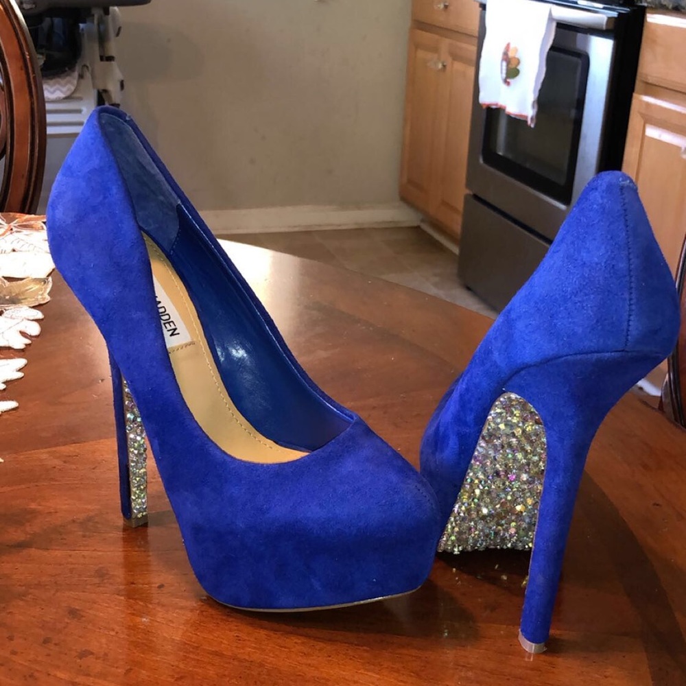 Blue suede high heel platforms bedazzled
